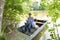 Woman using laptop in a boat by the lake with son with her