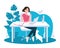 Woman using laptop flat vector illustration. Working from home, remote job.