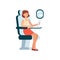 Woman using laptop while sitting in airplane near window cartoon style