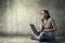 Woman Using Laptop, Young Girl in Glasses Thinking on Notebook