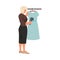 Woman using manual garment steamer, ironing a blue dress on hanger, vector portable home and travel garment steamer