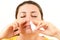 Woman using nasal spray