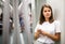 Woman using phone in subway car