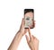 Woman using smartphone with facial recognition system on white background. Biometric verification