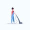 Woman using vacuum cleaner female janitor in uniform cleaning service floor care concept flat full length white