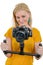Woman videographer using steady cam, on white