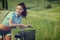 Woman with vintage bike outdoor, summer Tuscany