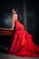 Woman Vintage Red Dress Old Castle Beautiful Princess In Seductive Dress