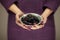 Woman in violett 50`s dress hands holding some blackberries