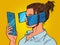 Woman in virtual reality, smartphones. dependence on electronic gadgets