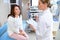 Woman visiting doctor in endoscopy room stock photo