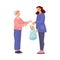 Woman Volunteer Caring of Elderly Lady on Retirement Giving Her Shopping Bag Vector Illustration