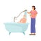 Woman Volunteer Caring of Elderly Man on Retirement Washing Him in Bathtub Vector Illustration