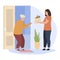 Woman volunteer helping elderly people delivery grocery food home door vector flat illustration