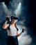 Woman with VR Glasses in Virtual Augmented Reality Experience