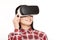 Woman in VR headset press buttons and watching video.