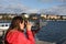 Woman waching a landmarks od Zurich in Swiss.