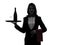 Woman waiter butler serving red wine silhouette