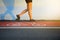 Woman walk on bike paths in evening.