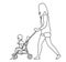 Woman on a walk with a stroller in the park. Continuous line drawing. Vector monochrome, drawing by lines. People in the