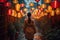 Woman walking alone Chinese illuminated street with lanterns. Generate ai