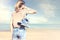 Woman walking barefoot on the beach in freedom