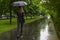 Woman walking with black umbrella under the rain in a park