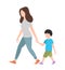 Woman walking with a child on white background