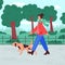 Woman walking in city park with dog vector flat cartoon illustration. Female character with domestic animal.