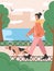 Woman walking in city park with dog vector flat cartoon illustration. Female character spending time with domestic