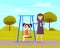 Woman walking with daughter girl swinging on slide swing at playing field outdoor family activities
