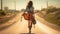 Woman walking on a dirt road with guitar