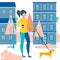 Woman walking a dog, dachshund. Walk with a coffee in the morning. In minimalist style Cartoon flat Vector