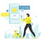 Woman walking dog with smartphone and listening to podcast online, vector illustration. Audio podcast, radio show.