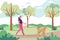 Woman walking a dog in the summer. Cute vector illustration in flat style