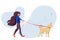 Woman walking a dog in the summer. Cute vector illustration in flat style