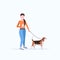 Woman walking with dog using smartphone social media network communication digital gadget addiction concept flat full