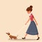 Woman Walking Dog Vector Illustration