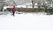 Woman walking down a snow-covered driveway with a snow shovel, snowing in a residential front yard garden