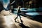 A woman walking down a street next to a tall building. AI generative image . Motion blur.
