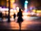 woman walking downtown at night abstract blur city lights bokeh illustration