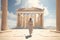 Woman walking in front of Parthenon on Acropolis in Athens, Greece, Female tourist standing in front of the Parthenon, rear view,