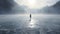 Woman walking in a frozen lake surrounded by mountains and mist