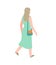 Woman walking or going to job. Cartoon female person walks in park girl outdoor in green dress and small bag, leisure