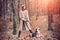 Woman walking with husky dog autumn forest. Pedigree dog concept. Girl enjoy walk with husky dog. Best friends