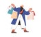 Woman walking with many shopping bags. Fashion buyer with lot of purchases in hands. Female shopper after sale. Customer