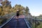 Woman walking over Perth Walkway Glass Arched Bridge in Kings Park and Botanical Gardens in Perth  Western Australia