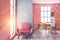 Woman walking in pink and gray dining room