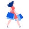 Woman walking with purchase buy paper bags . Summer sale discount black friday start