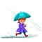 Woman walking rain with umbrella hands, raindrops dripping into puddles, Girl waterproof jacket rubber boots under